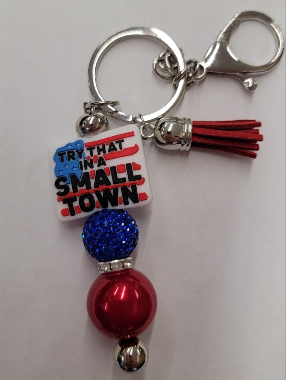 Small Town Red & Blue Tassel Keychain Charm